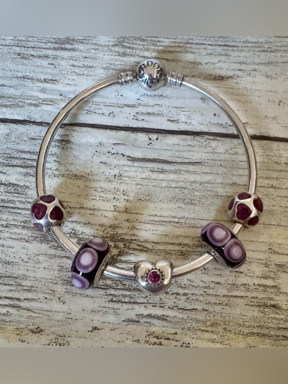 Pandora Sterling Silver 7.5” Bracelet w/ 5 Pink & Purple Charms + Box